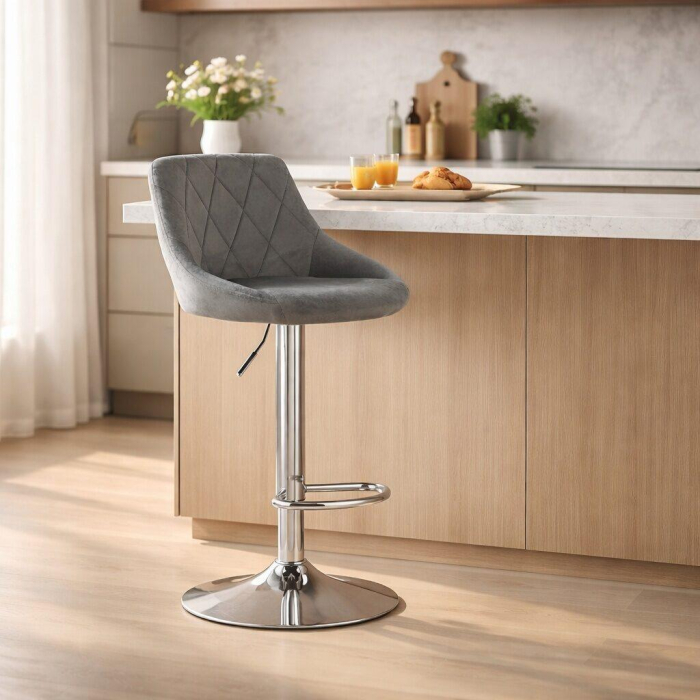 Set 2 scaune de bucatarie/bar, Artool, Kast, rotativ, catifea gri, picior metal argintiu, 45.5x49x85-105 cm [3]