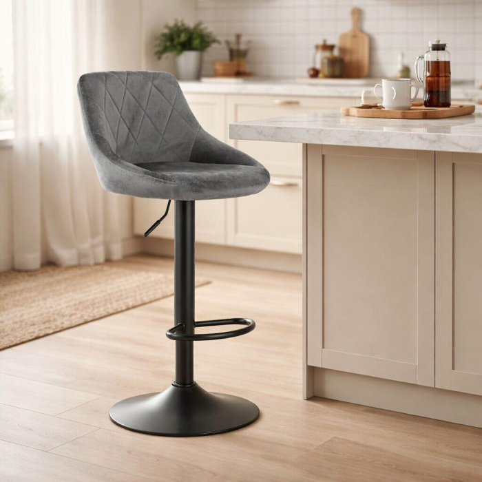 Set 2 scaune de bucatarie/bar, Artool, Kast, rotativ, catifea gri, picior metal negru, 45.5x49x85-105 cm [2]