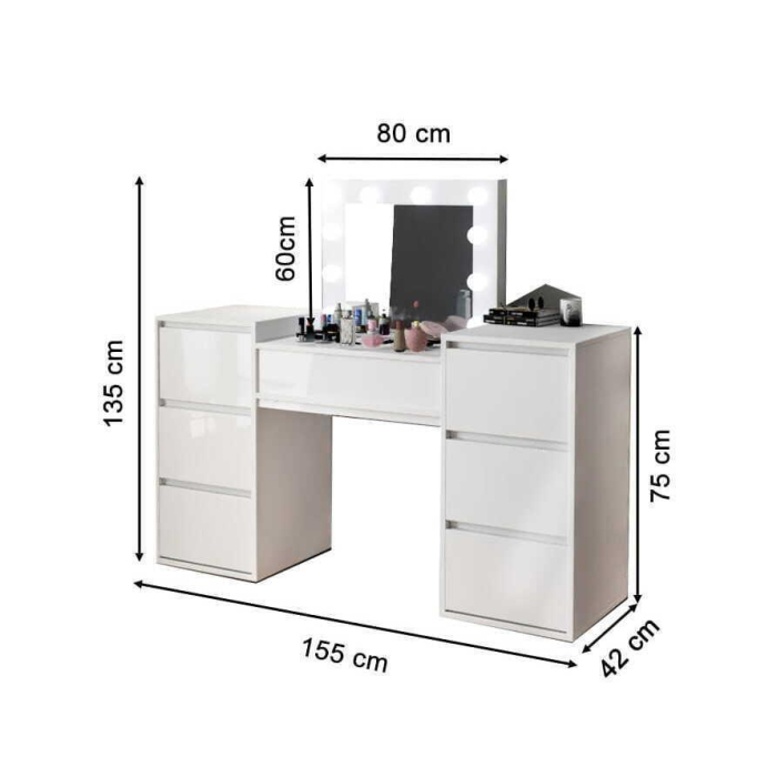 Set masa de toaleta/machiaj Antonia + scaun Mark, alb, cu oglinda si LED-uri, 155x42x135 cm [9]