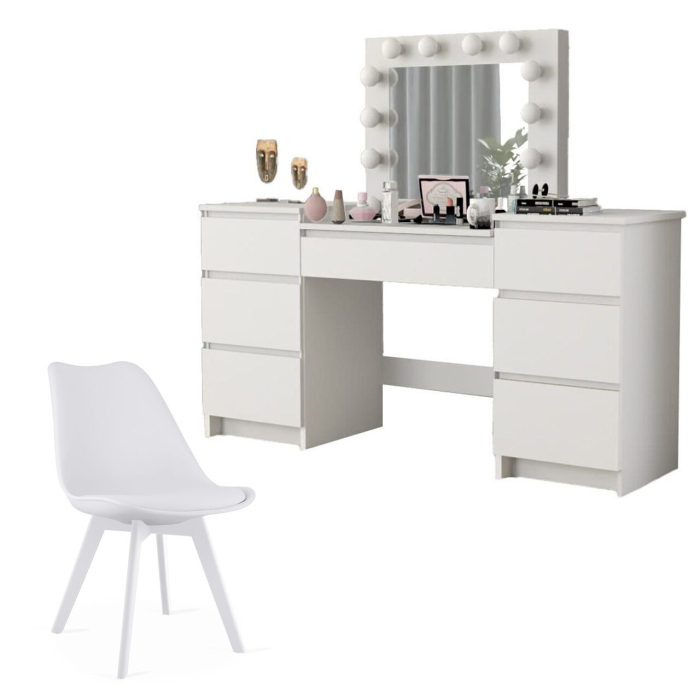 Set masa de toaleta/machiaj Antonia + scaun Mark, alb, cu oglinda si LED-uri, 155x42x135 cm [1]