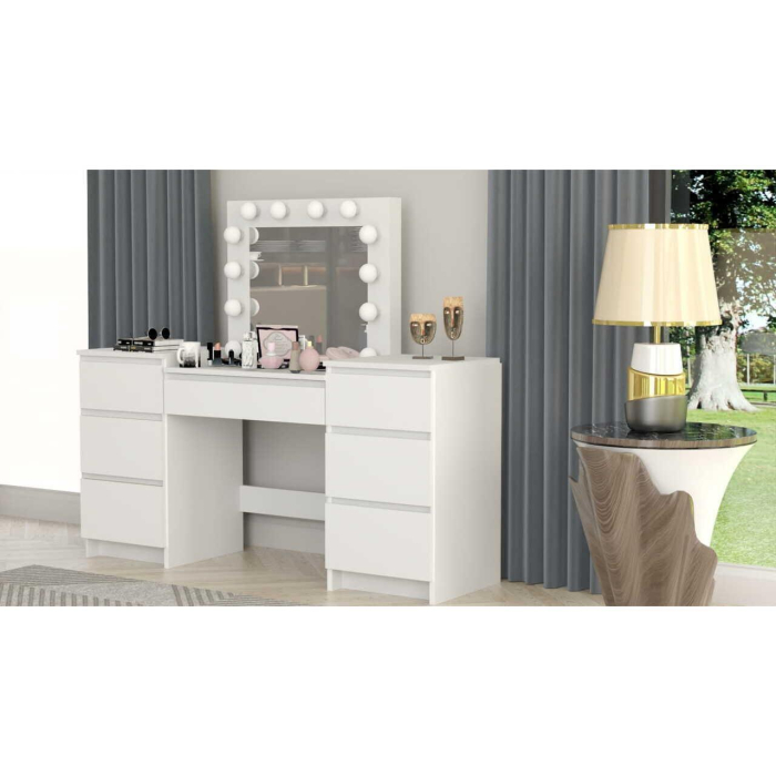 Set masa de toaleta/machiaj Antonia + scaun Mark, alb, cu oglinda si LED-uri, 155x42x135 cm [11]