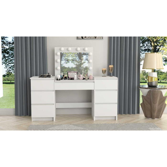 Set masa de toaleta/machiaj Antonia + scaun Mark, alb, cu oglinda si LED-uri, 155x42x135 cm [10]