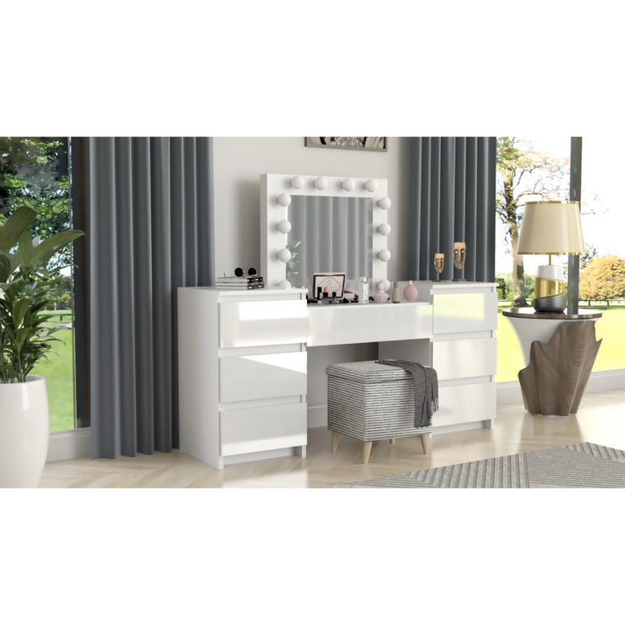 Set masa de toaleta/machiaj Antonia + scaun Mark, alb, sertare lucioase, cu oglinda si LED-uri, 155x42x135 cm [8]