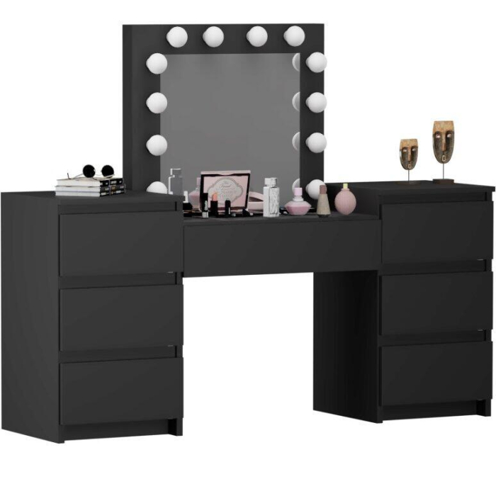 Set masa de toaleta/machiaj Antonia + scaun Mark, negru, cu oglinda si LED-uri, 155x42x135 cm [12]