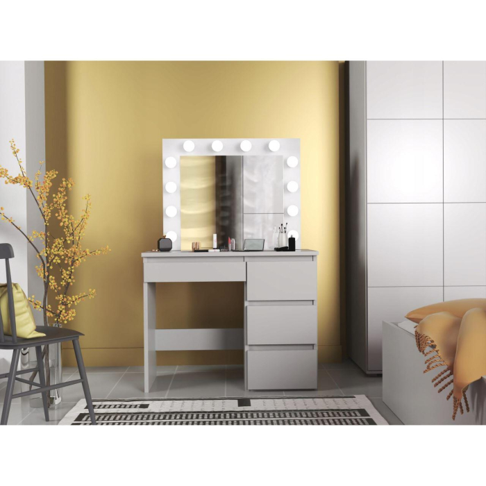 Set masa de toaleta/machiaj Irina + scaun Mark, alb, cu oglinda si LED-uri, 94x43x141 cm [8]