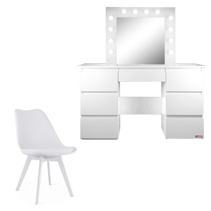 Set masa de toaleta/machiaj Vanessa + scaun Mark, alb, cu oglinda si LED-uri, 130x43x143 cm [1]