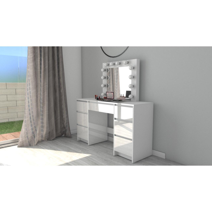 Set masa de toaleta/machiaj Vanessa + scaun Mark, sertare alb lucios, cu oglinda si LED-uri, Vanessa, 130x43x143 cm [13]