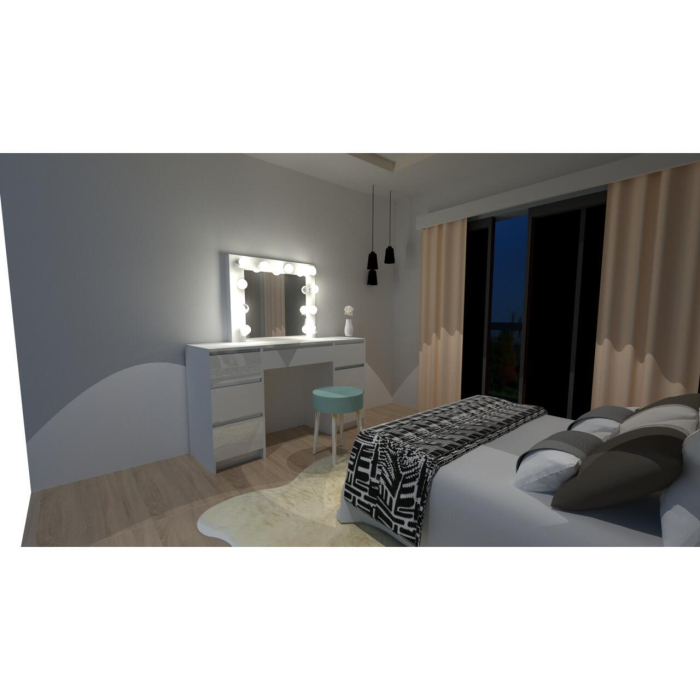 Set masa de toaleta/machiaj Vanessa + scaun Mark, sertare alb lucios, cu oglinda si LED-uri, Vanessa, 130x43x143 cm [16]