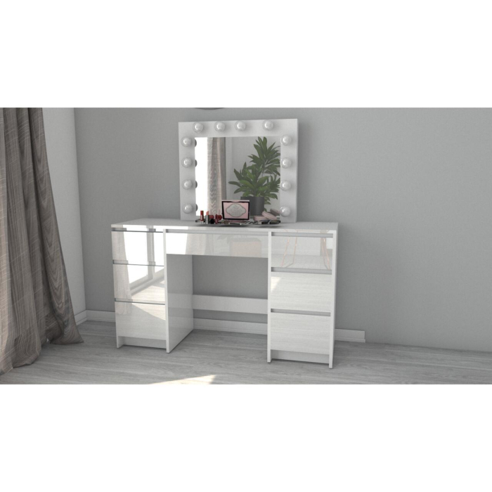 Set masa de toaleta/machiaj Vanessa + scaun Mark, sertare alb lucios, cu oglinda si LED-uri, Vanessa, 130x43x143 cm [14]