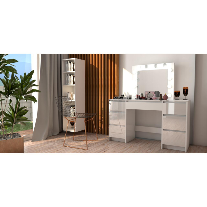 Set masa de toaleta/machiaj Vanessa + scaun Mark, sertare alb lucios, cu oglinda si LED-uri, Vanessa, 130x43x143 cm [10]