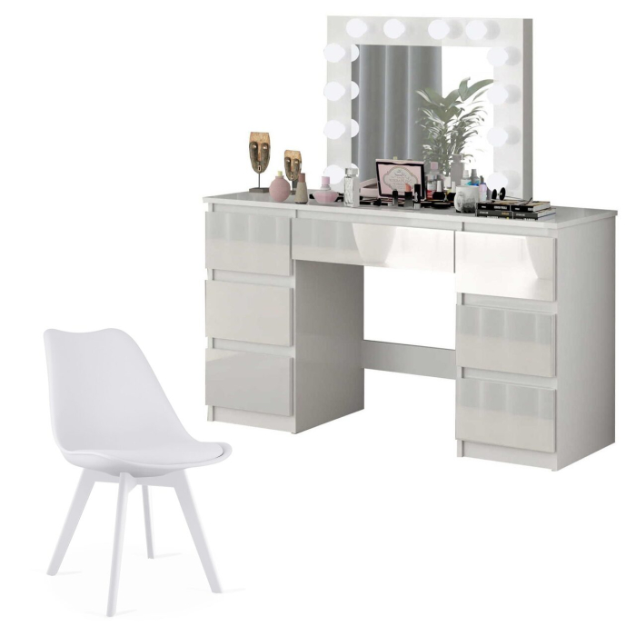 Set masa de toaleta/machiaj Vanessa + scaun Mark, sertare alb lucios, cu oglinda si LED-uri, Vanessa, 130x43x143 cm [1]