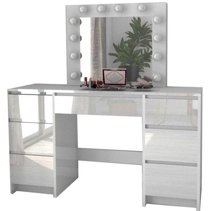 Set masa de toaleta/machiaj Vanessa + scaun Mark, sertare alb lucios, cu oglinda si LED-uri, Vanessa, 130x43x143 cm [9]