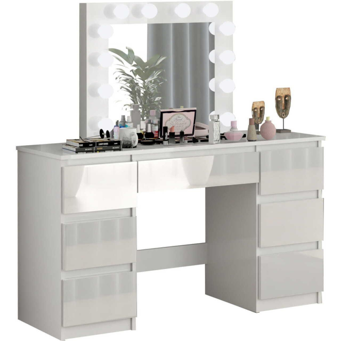 Set masa de toaleta/machiaj Vanessa + scaun Mark, sertare alb lucios, cu oglinda si LED-uri, Vanessa, 130x43x143 cm [8]