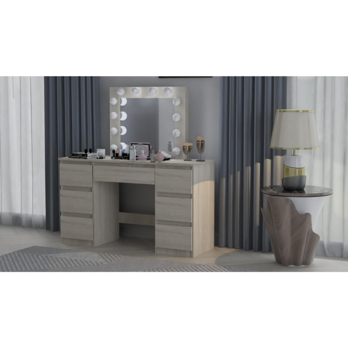 Set masa de toaleta/machiaj Vanessa + scaun Mark, stejar, cu oglinda si LED-uri, 130x43x143 cm [8]