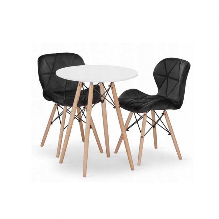 Set masa rotunda stil scandinav + 2 scaune Lago catifea, Artool, MDF si lemn, alb si negru, 60x72 cm [1]