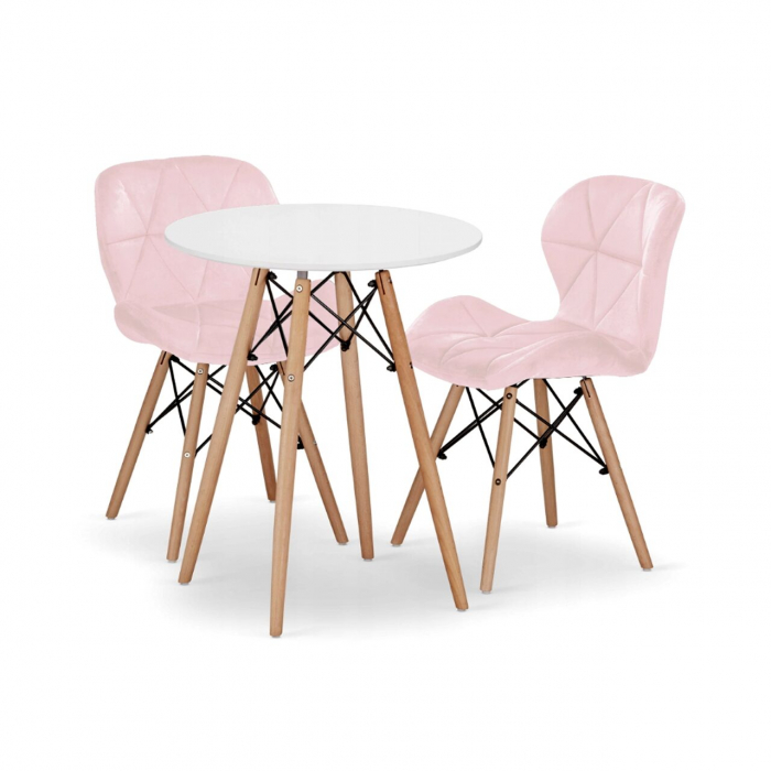 Set masa rotunda stil scandinav + 2 scaune Lago catifea, Artool, MDF si lemn, alb si roz, 60x72 cm [1]