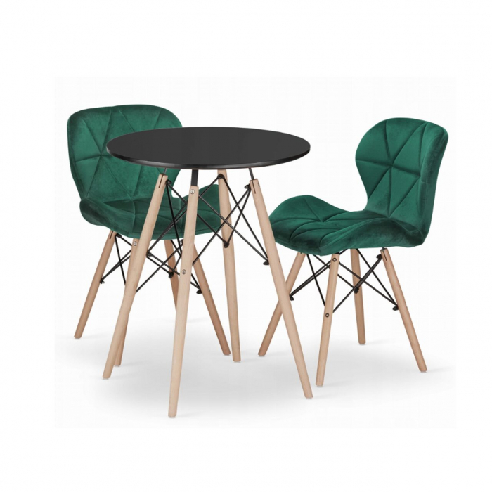 Set masa rotunda stil scandinav + 2 scaune Lago catifea verde, Artool, MDF negru si lemn, 60x72 cm [1]