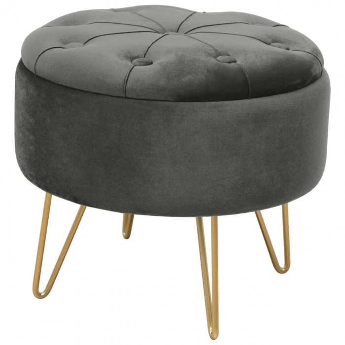 Taburet, rotund, cu spatiu depozitare, catifea, gri grafit, max 80 kg, 38x33 cm, Caro, Akord [1]