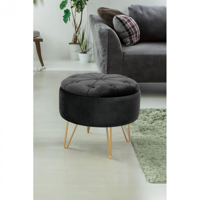Taburet, rotund, cu spatiu depozitare, catifea, negru, max 80 kg, 38x33 cm, Caro, Akord [2]