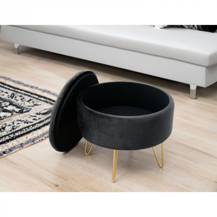 Taburet, rotund, cu spatiu depozitare, catifea, negru, max 80 kg, 38x33 cm, Caro, Akord [3]