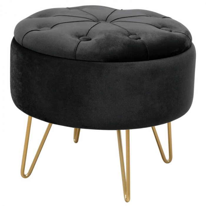 Taburet, rotund, cu spatiu depozitare, catifea, negru, max 80 kg, 38x33 cm, Caro, Akord [1]