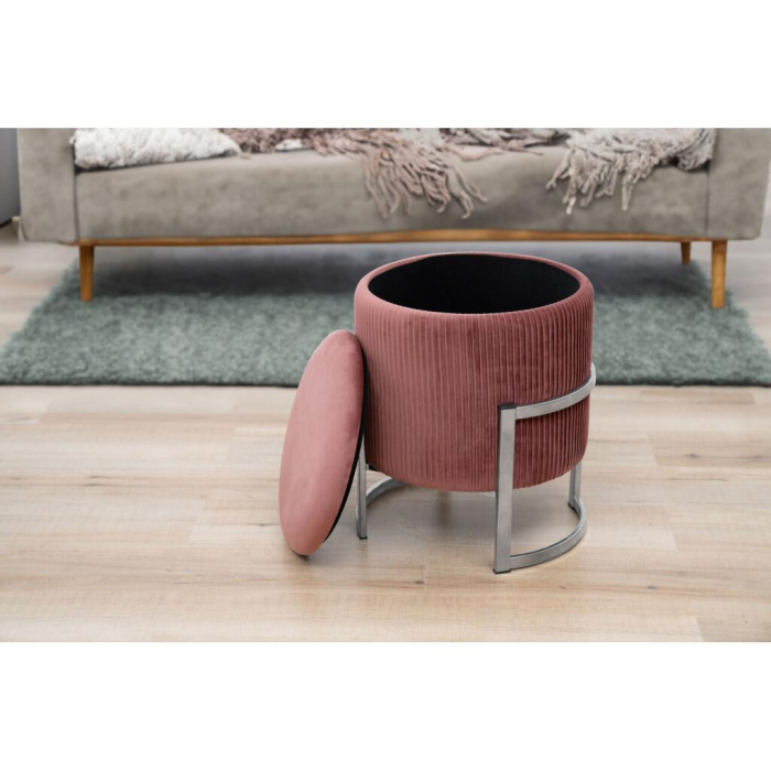 Taburet, rotund, cu spatiu depozitare, catifea, roz, 80 kg, 40x46 cm, Porto, Akord [2]