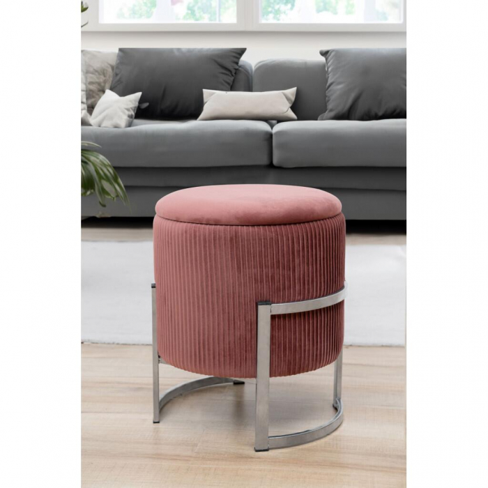 Taburet, rotund, cu spatiu depozitare, catifea, roz, 80 kg, 40x46 cm, Porto, Akord [3]