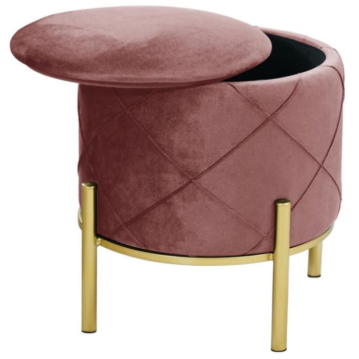 Taburet, rotund, cu spatiu depozitare, picioare metal, catifea, roz, max 80 kg, 37x40 cm, Savana, Akord [5]