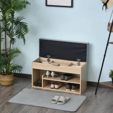 Banca depozitare incaltaminte, pantofar pentru hol, pal, 2 rafturi, 5 compartimente interioare, stejar si gri, 82x30x48 cm [3]