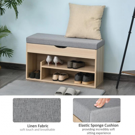 Banca depozitare incaltaminte, pantofar pentru hol, pal, 2 rafturi, 5 compartimente interioare, stejar si gri, 82x30x48 cm [7]