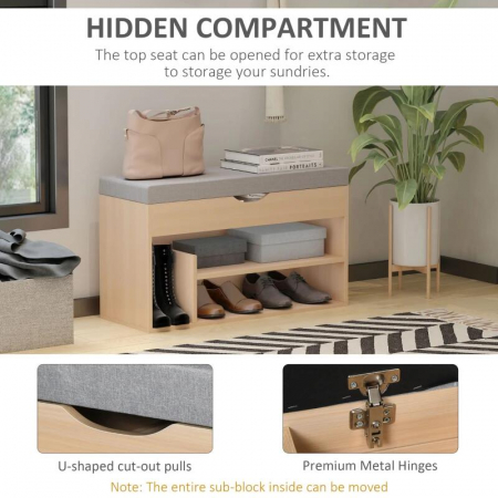 Banca depozitare incaltaminte, pantofar pentru hol, pal, 2 rafturi, 5 compartimente interioare, stejar si gri, 82x30x48 cm [6]