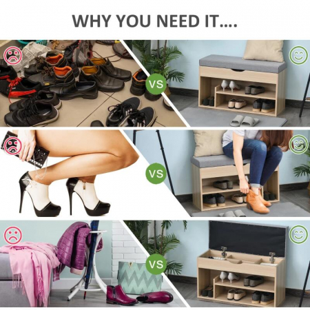 Banca depozitare incaltaminte, pantofar pentru hol, pal, 2 rafturi, 5 compartimente interioare, stejar si gri, 82x30x48 cm [4]