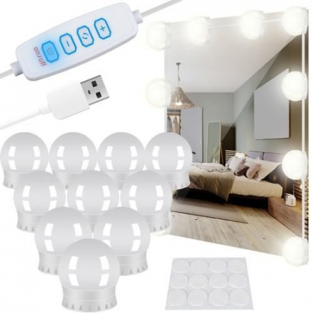 Becuri LED pentru oglinda, masa de toaleta, machiaj, cu panou control, 30 moduri iluminare, USB, set 10 buc, Malatec [6]