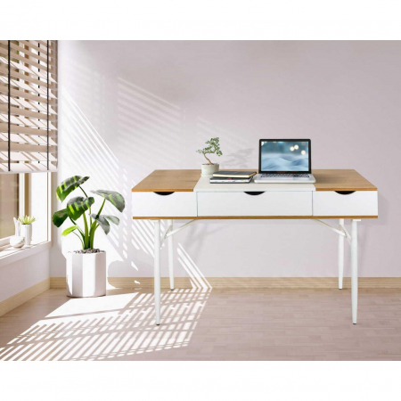 Birou calculator, Jumi, placa MDF, otel, cu sertar, compartimente interioare, alb si natur, 120x60x77 cm [3]