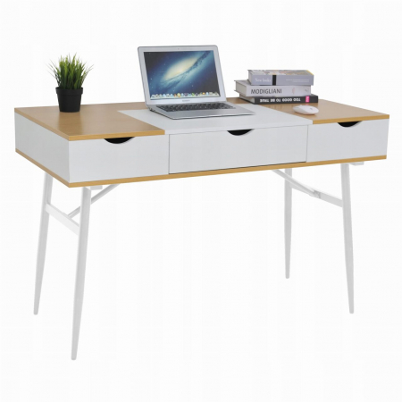 Birouri - Birou calculator, Jumi, placa MDF, otel, cu sertar, compartimente interioare, alb si natur, 120x60x77 cm