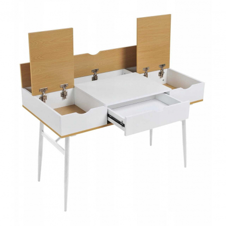 Birou calculator, Jumi, placa MDF, otel, cu sertar, compartimente interioare, alb si natur, 120x60x77 cm [1]