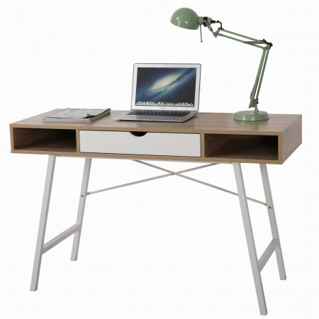 Birouri - Birou calculator, Jumi, placa MDF, otel, cu sertar, rafturi laterale, alb si natur, 120x48x76 cm