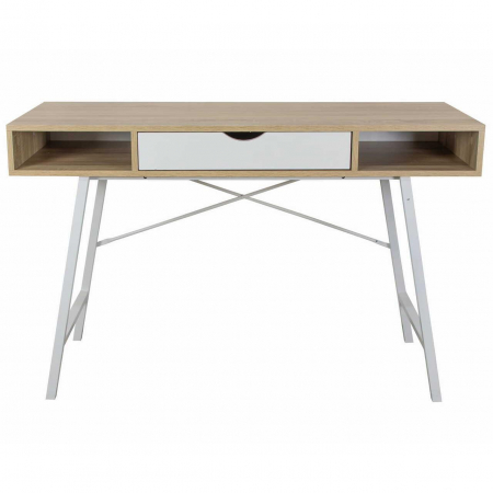 Birou calculator, Jumi, placa MDF, otel, cu sertar, rafturi laterale, alb si natur, 120x48x76 cm [1]