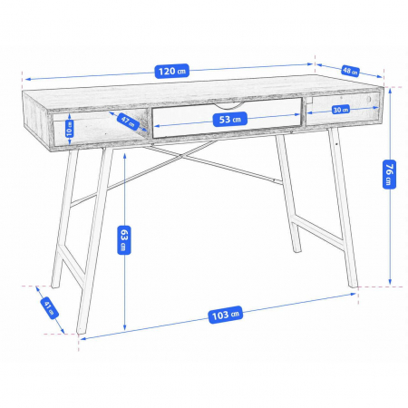 Birou calculator, Jumi, placa MDF, otel, cu sertar, rafturi laterale, alb si natur, 120x48x76 cm [4]