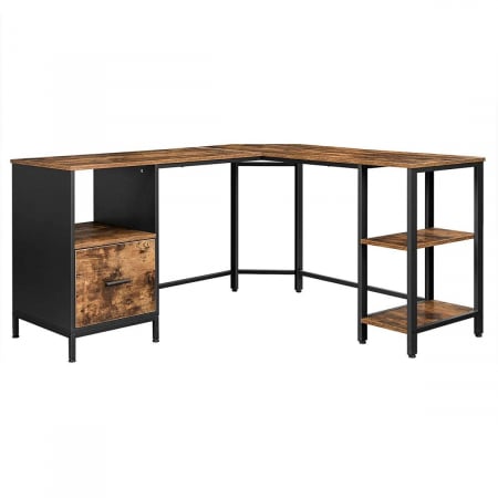 Birouri - Birou calculator pe colt, Artool, pal, otel, cu sertar, 3 rafturi, maro rustic si negru, max 50 kg, 137x150x75 cm