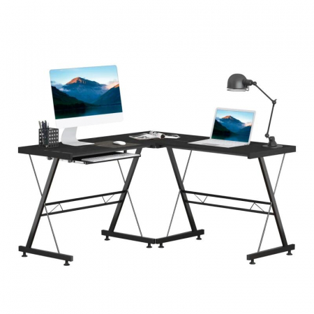 Birou calculator pe colt, convertibil, otel, MDF, cu raft tastatura, negru, max 20 kg, 130x130x73.5 cm [11]
