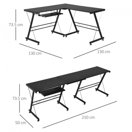 Birou calculator pe colt, convertibil, otel, MDF, cu raft tastatura, negru, max 20 kg, 130x130x73.5 cm [9]