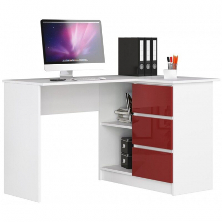Birouri - Birou calculator pe colt, placa laminata, 3 sertare, 2 rafturi, pe dreapta, alb si rosu lucios, 124x85x77 cm