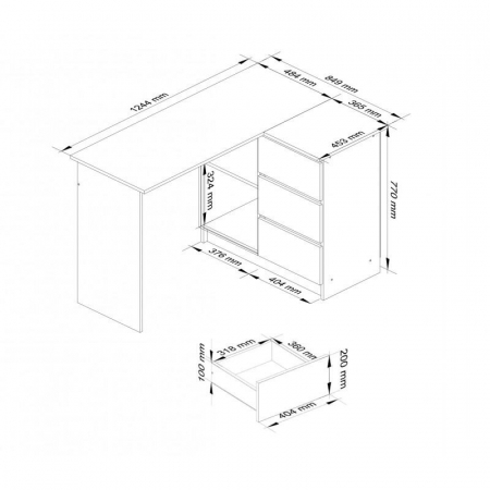 Birou calculator pe colt, placa laminata, 3 sertare, 2 rafturi, pe dreapta, alb si rosu lucios, 124x85x77 cm [2]