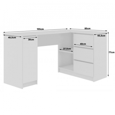 Birou calculator pe colt, placa laminata, 3 sertare, 4 rafturi, alb, 155x85x77 cm [3]