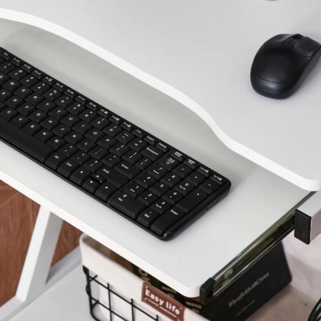 Birou calculator, pe roti, metal, pal, cu raft tastatura, alb, max 30 kg, 60x48x73 cm [3]