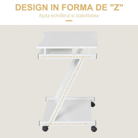 Birou calculator, pe roti, metal, pal, cu raft tastatura, alb, max 30 kg, 60x48x73 cm [7]