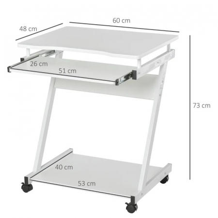 Birou calculator, pe roti, metal, pal, cu raft tastatura, alb, max 30 kg, 60x48x73 cm [8]