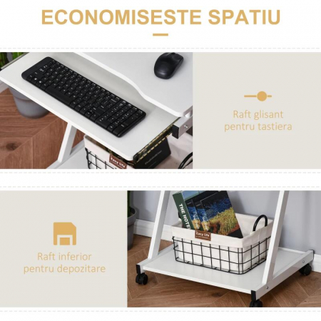 Birou calculator, pe roti, metal, pal, cu raft tastatura, alb, max 30 kg, 60x48x73 cm [6]