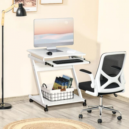 Birou calculator, pe roti, metal, pal, cu raft tastatura, alb, max 30 kg, 60x48x73 cm [1]